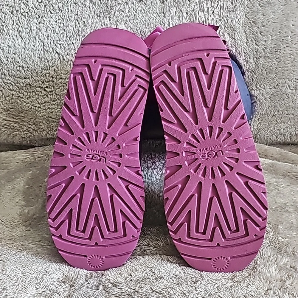 UGG Kids Navy Suede Shearling Boots with lavender Soles